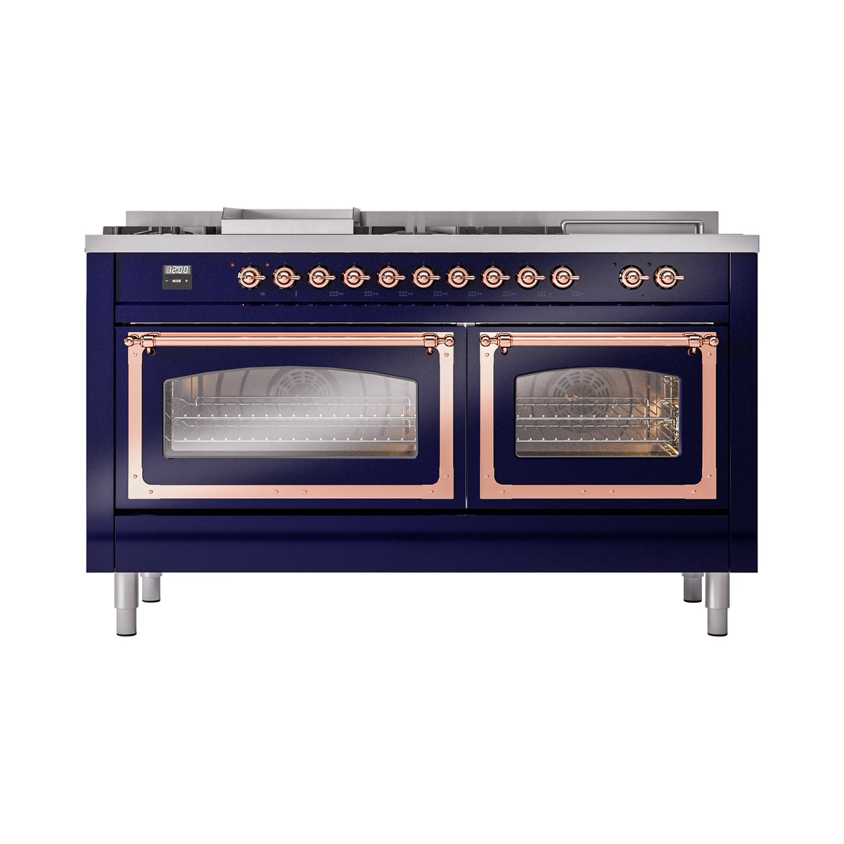 ILVE Nostalgie II Noblesse 60-Inch Natural Gas Dual Fuel Range, 7 Burners, Griddle, French Top, Midnight Blue with Copper Trim (UN60FSNMPMBP)