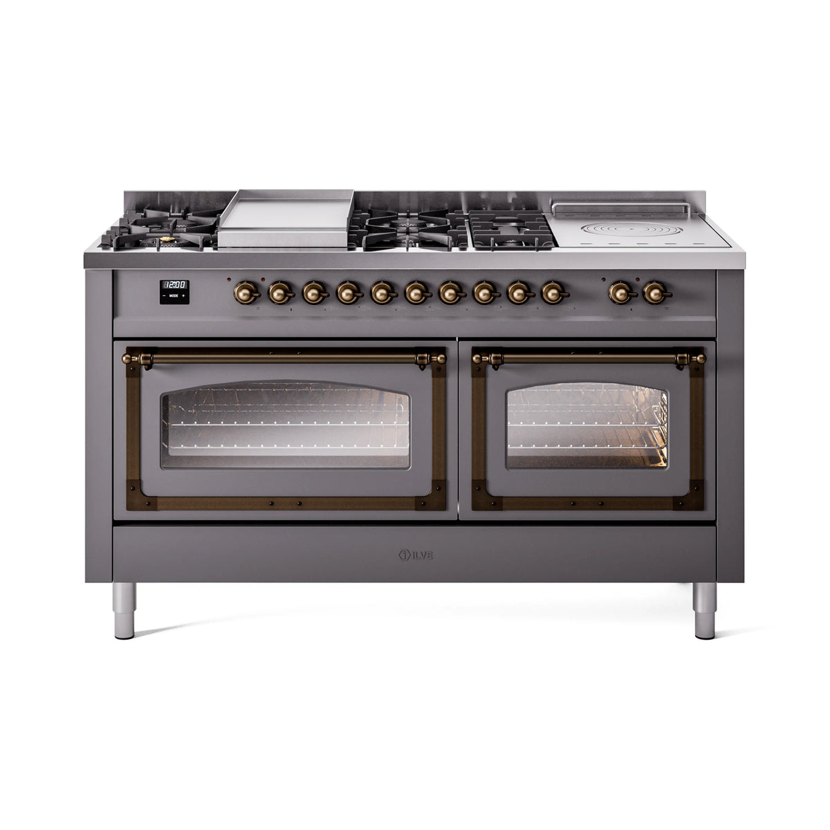 ILVE Nostalgie II Noblesse 60-Inch Propane Dual Fuel Range, 7 Burners, French Top, Matte Graphite with Burnished Bronze Trim (UN60FSNMPMGBLP)