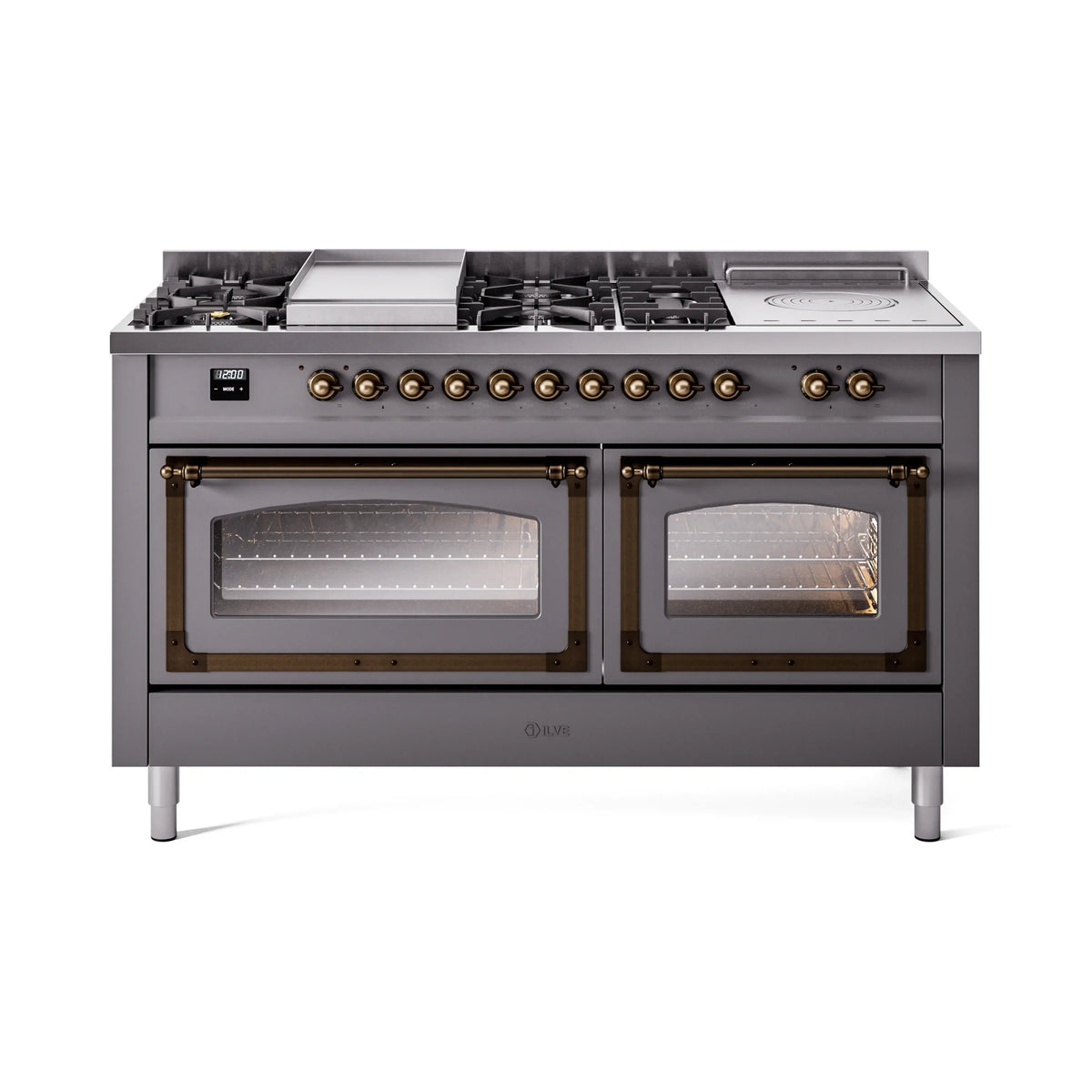 ILVE Nostalgie II Noblesse 60-Inch Natural Gas Dual Fuel Range, 7 Burners, Griddle, Matte Graphite with Burnished Bronze Trim (UN60FSNMPMGB)