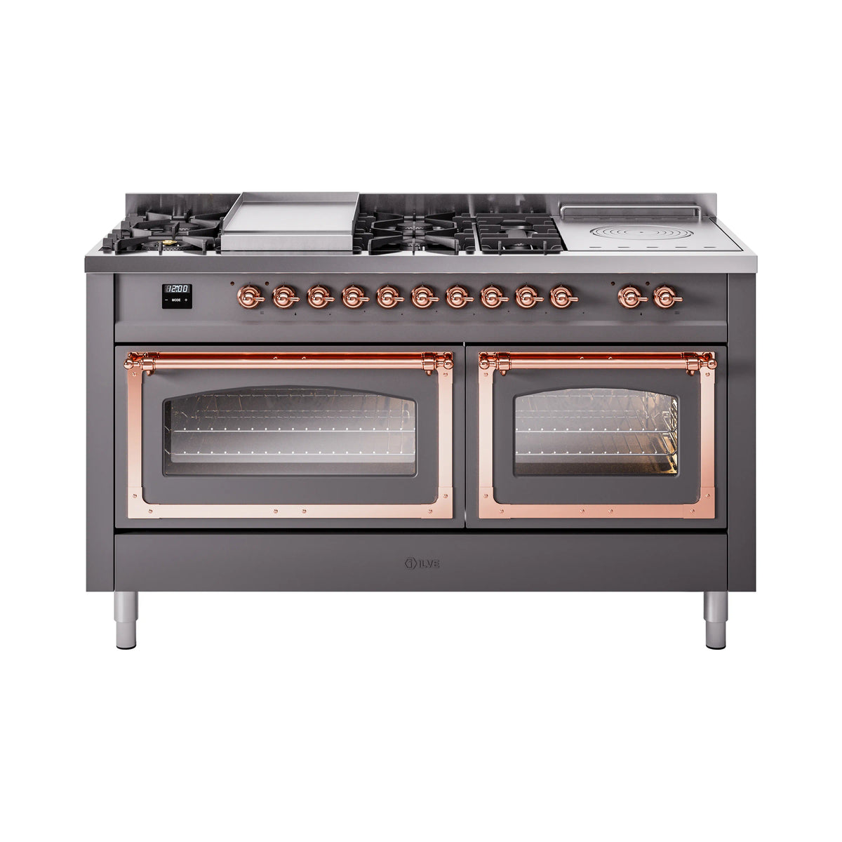 ILVE Nostalgie II Noblesse 60-Inch Propane Dual Fuel Range, 7 Burners, French Top, Matte Graphite with Copper Trim (UN60FSNMPMGPLP)