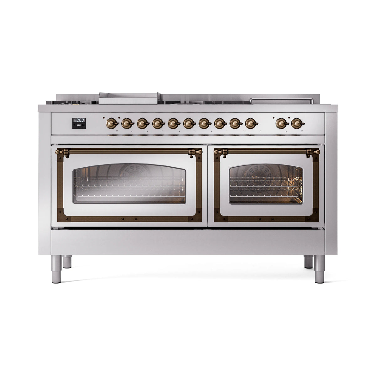 ILVE Nostalgie II Noblesse 60-Inch Natural Gas Dual Fuel Range, 7 Burners, Griddle, Stainless Steel with Burnished Bronze Trim (UN60FSNMPSSB)