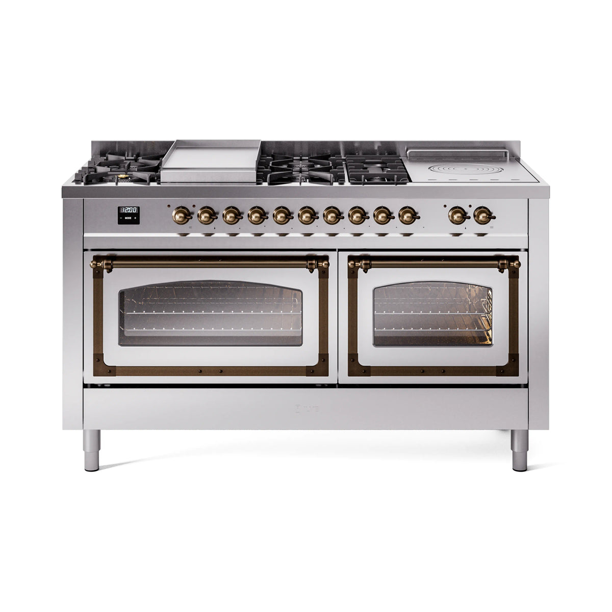ILVE Nostalgie II Noblesse 60-Inch Propane Dual Fuel Range, 7 Burners, French Top, Stainless Steel with Burnished Bronze Trim (UN60FSNMPSSBLP)