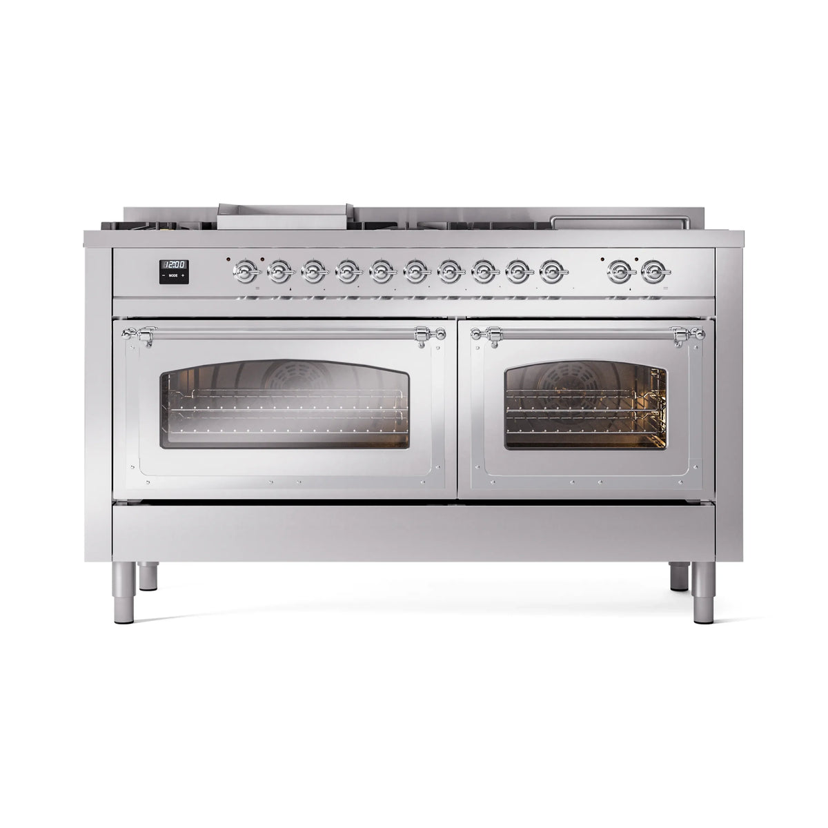 ILVE Nostalgie II Noblesse 60-Inch Natural Gas Dual Fuel Range, 7 Burners, Griddle, French Top, Stainless Steel with Chrome Trim (UN60FSNMPSSC)
