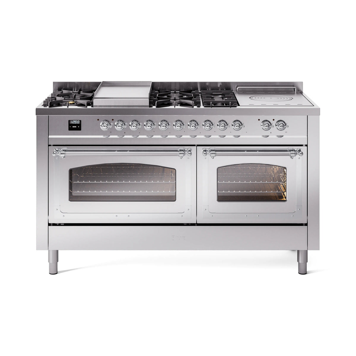 ILVE Nostalgie II Noblesse 60-Inch Natural Gas Dual Fuel Range, 7 Burners, Griddle, French Top, Stainless Steel with Chrome Trim (UN60FSNMPSSC)