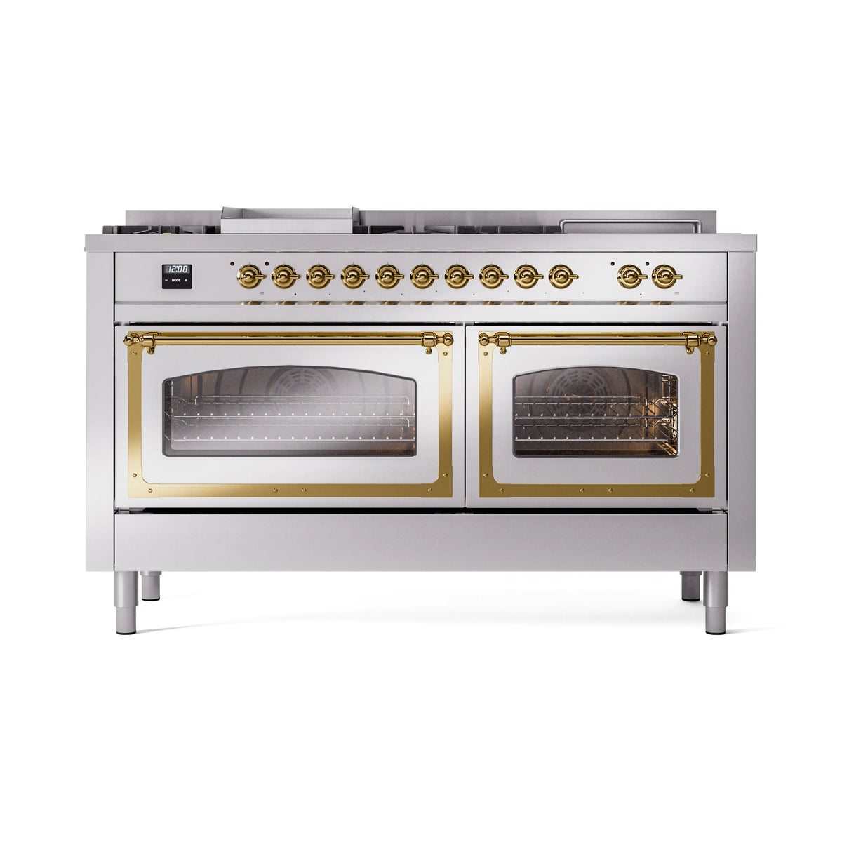 ILVE Nostalgie II Noblesse 60-Inch Propane Dual Fuel Range, 7 Burners, French Top, Stainless Steel with Brass Trim (UN60FSNMPSSGLP)