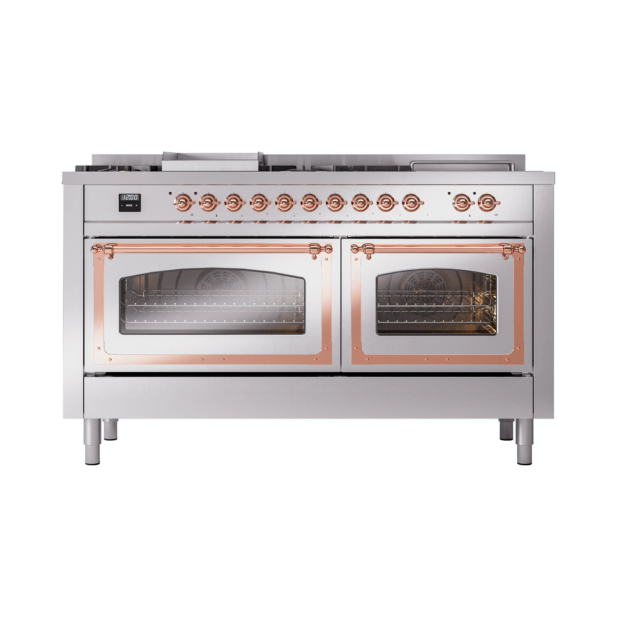 ILVE Nostalgie II Noblesse 60-Inch Natural Gas Dual Fuel Range, 7 Burners, Griddle, French Top, Stainless Steel with Copper Trim (UN60FSNMPSSP)