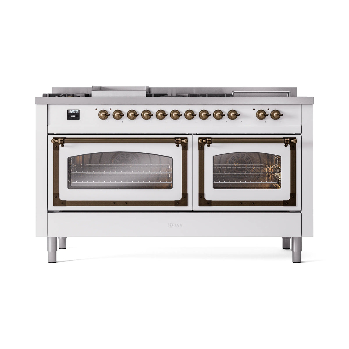 ILVE Nostalgie II Noblesse 60-Inch Propane Dual Fuel Range, 7 Burners, French Top, White with Bronze Trim (UN60FSNMPWHBLP)