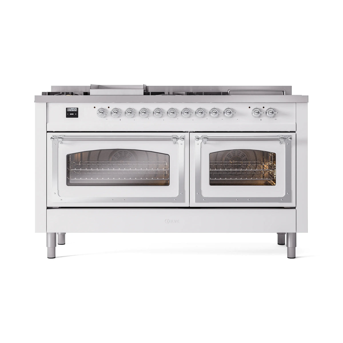 ILVE Nostalgie II Noblesse 60-Inch Natural Gas Dual Fuel Range, 7 Burners, Griddle, French Top, White with Chrome Trim (UN60FSNMPWHC)