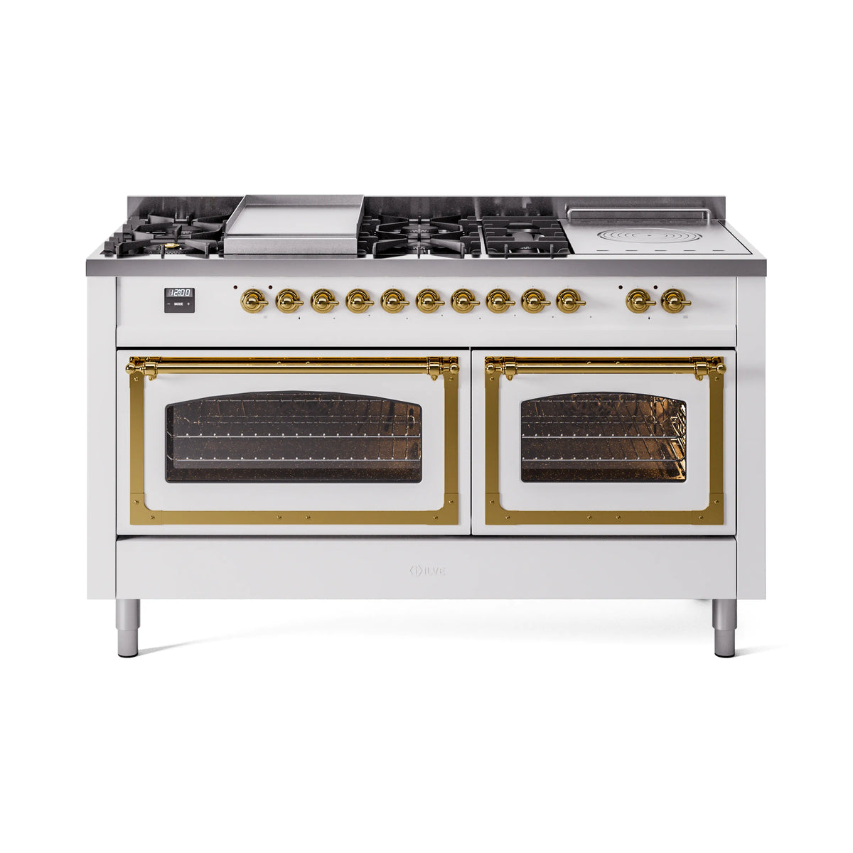 ILVE Nostalgie II Noblesse 60-Inch Propane Dual Fuel Range, 7 Burners, French Top, White with Brass Trim (UN60FSNMPWHGLP)