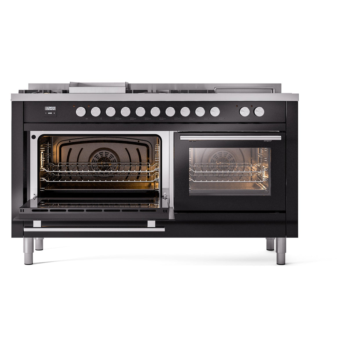 ILVE Professional Plus II 60-Inch Propane Dual Fuel Range, 7 Burners, Griddle, French Top, Solid Door, Glossy Black (UP60FSQMPBKLP)