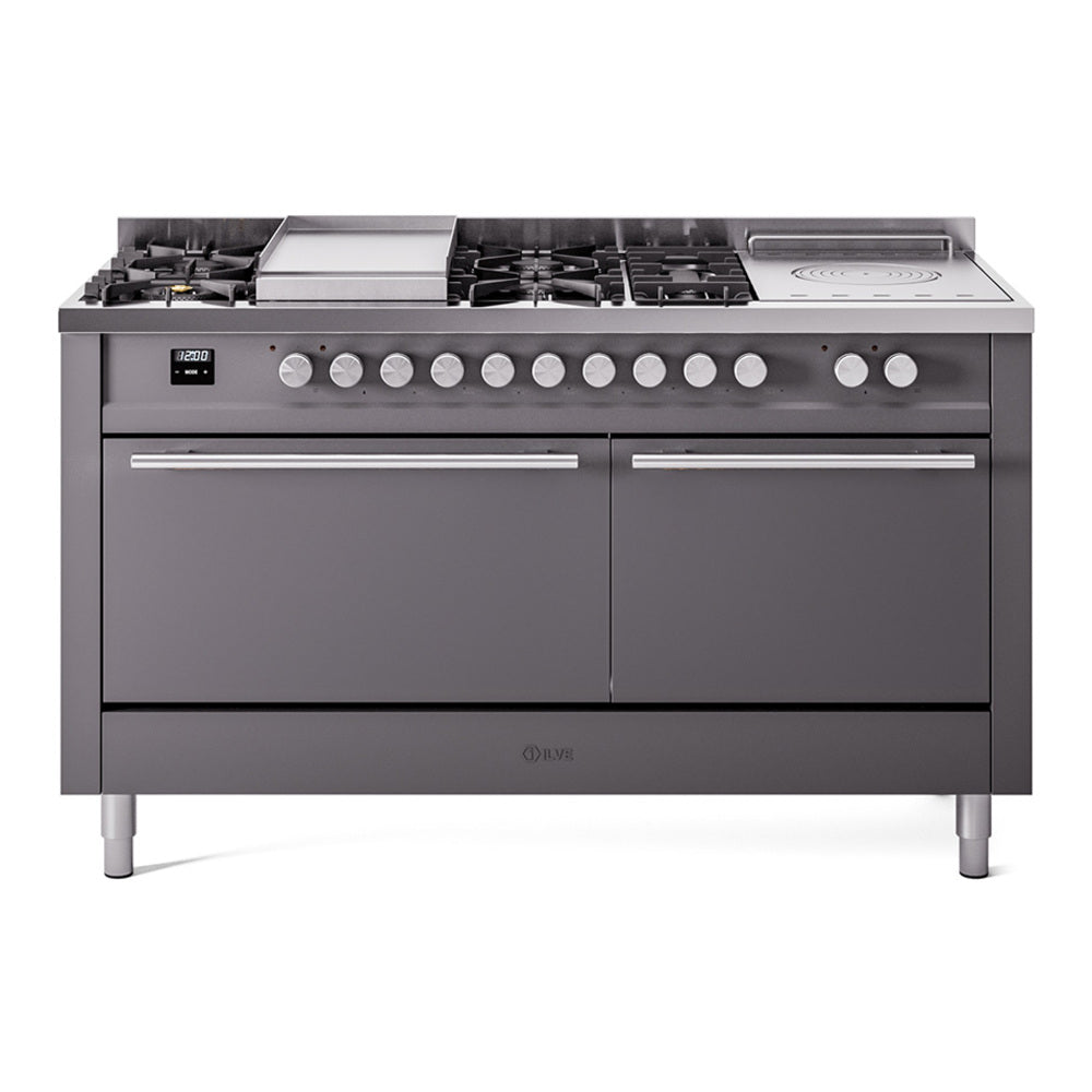 ILVE Professional Plus II 60-Inch Propane Dual Fuel Range, 7 Burners, Griddle, French Top, Solid Door, Matte Graphite (UP60FSQMPMGLP)