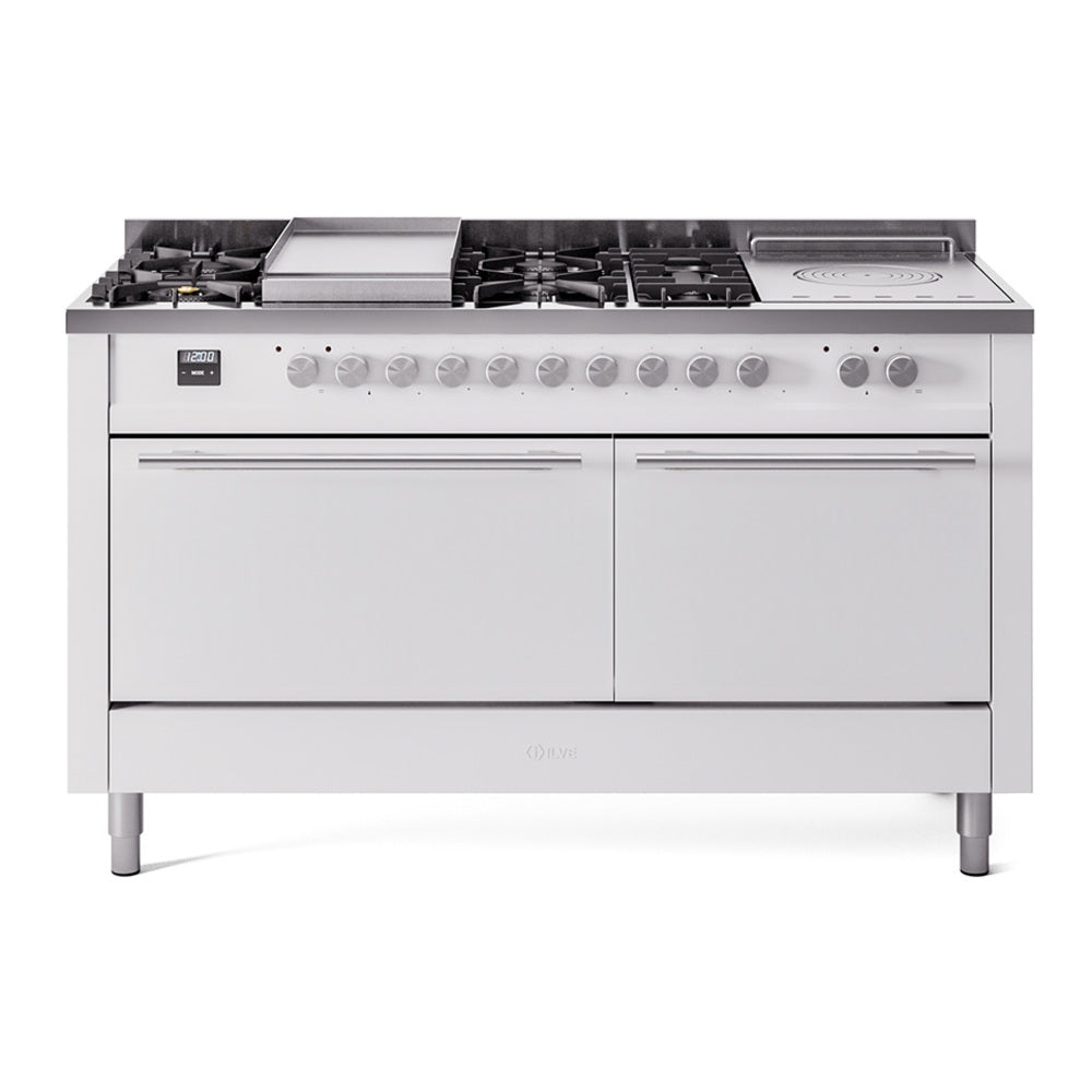 ILVE Professional Plus II 60-Inch Natural Gas Dual Fuel Range, 7 Burners, Griddle, French Top, Solid Door, White (UP60FSQMPWH)
