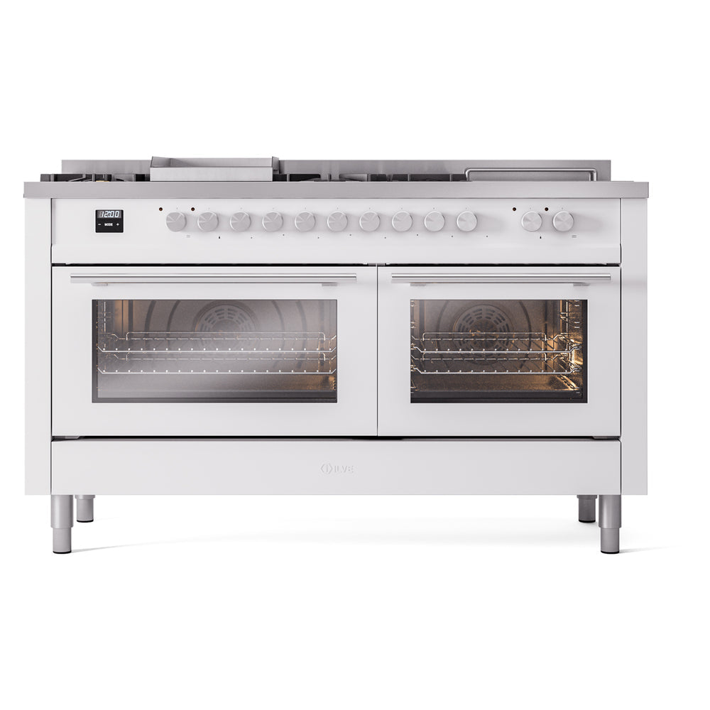ILVE Professional Plus II 60-Inch Propane Dual Fuel Range, 7 Burners, Griddle, French Top, Solid Door, White (UP60FSQMPWHLP)