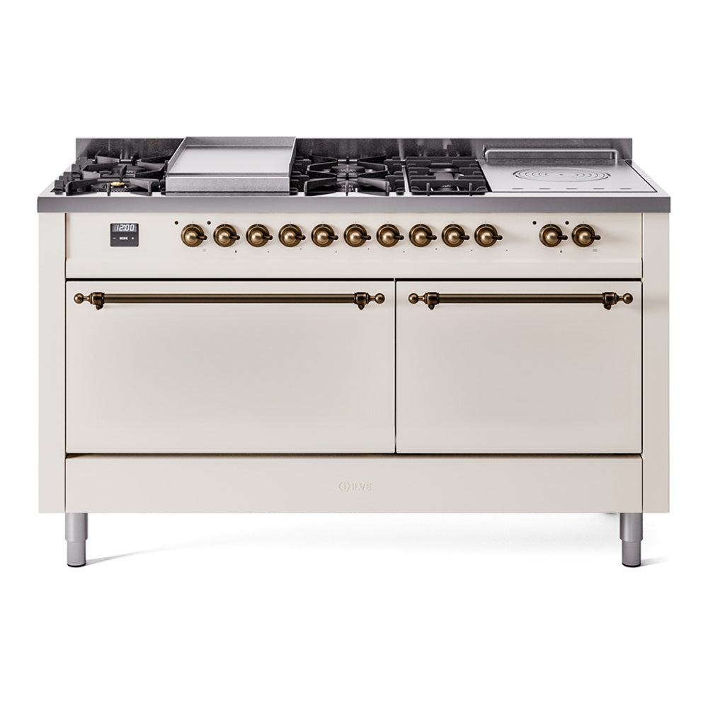ILVE Nostalgie II 60-Inch NG Dual Fuel Range, 7 Burners, Griddle, French Top, Solid Door, Antique White with Burnished Bronze Trim (UP60FSQNMPAWB)