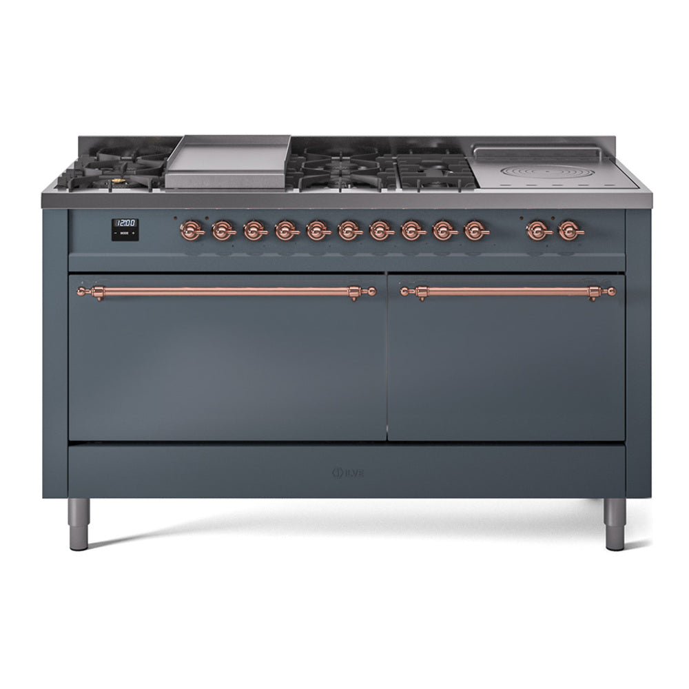 ILVE Nostalgie II 60-Inch Propane Dual Fuel Range, 7 Burners, Griddle, French Top, Solid Door, Blue Grey with Copper Trim (UP60FSQNMPBGPLP)