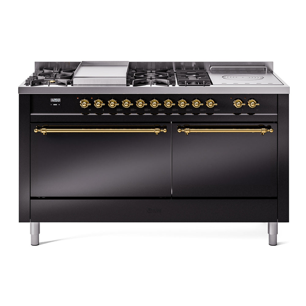 ILVE Nostalgie II 60-Inch Natural Gas Dual Fuel Range, 7 Burners, Griddle, French Top, Solid Door, Glossy Black with Brass Trim (UP60FSQNMPBKG)