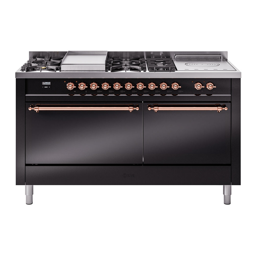 ILVE Nostalgie II 60-Inch Propane Dual Fuel Range, 7 Burners, Griddle, French Top, Solid Door, Glossy Black with Copper Trim (UP60FSQNMPBKPLP)