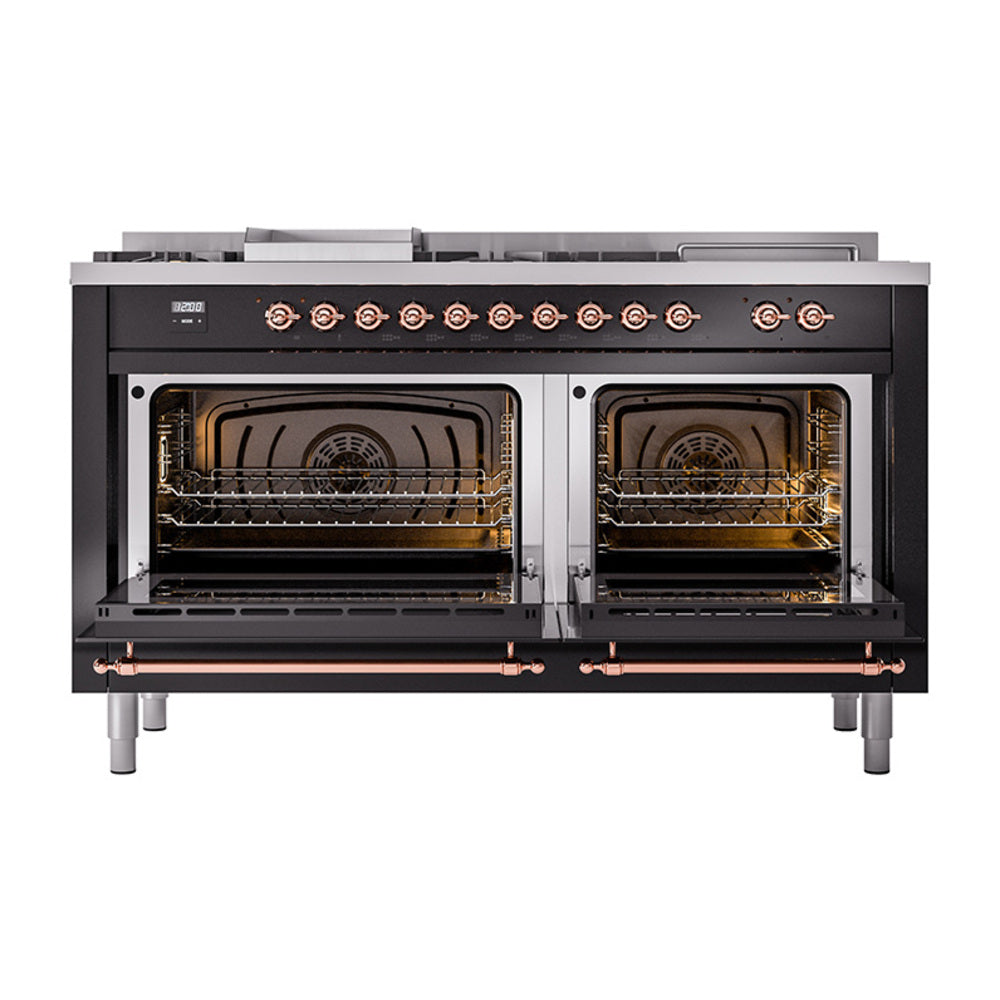 ILVE Nostalgie II 60-Inch Propane Dual Fuel Range, 7 Burners, Griddle, French Top, Solid Door, Glossy Black with Copper Trim (UP60FSQNMPBKPLP)