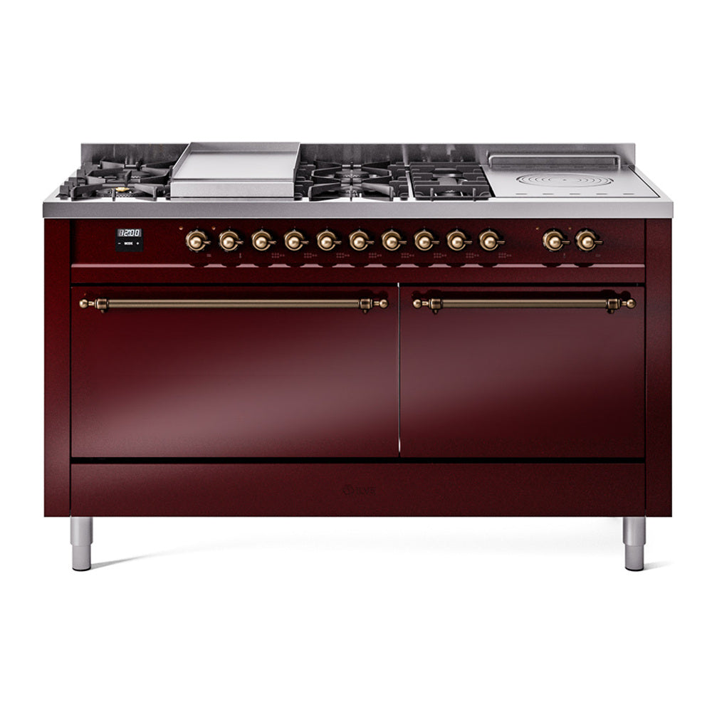 ILVE Nostalgie II 60-Inch Propane Dual Fuel Range, 7 Burners, Griddle, French Top, Solid Door, Burgundy with Burnished Bronze Trim (UP60FSQNMPBUBLP)
