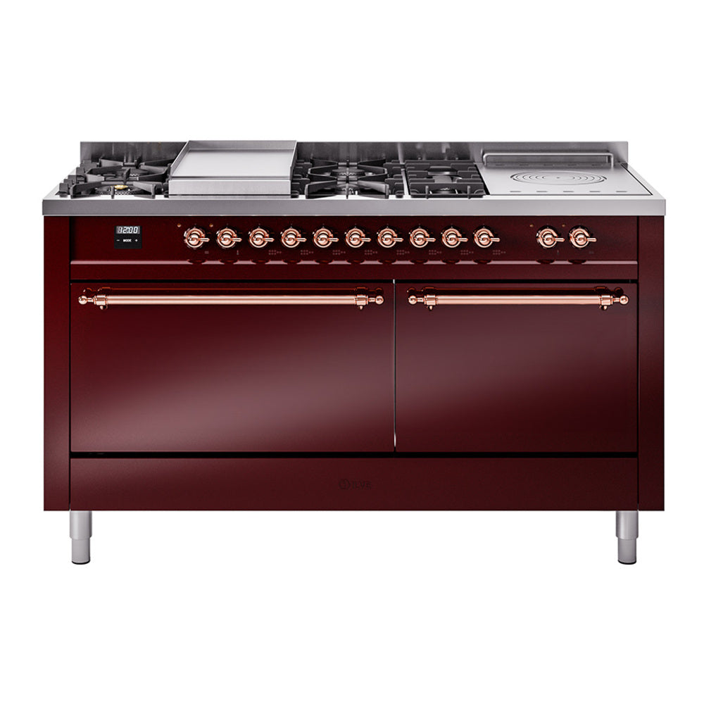 ILVE Nostalgie II 60-Inch Propane Dual Fuel Range, 7 Burners, Griddle, French Top, Solid Door, Burgundy with Copper Trim (UP60FSQNMPBUPLP)