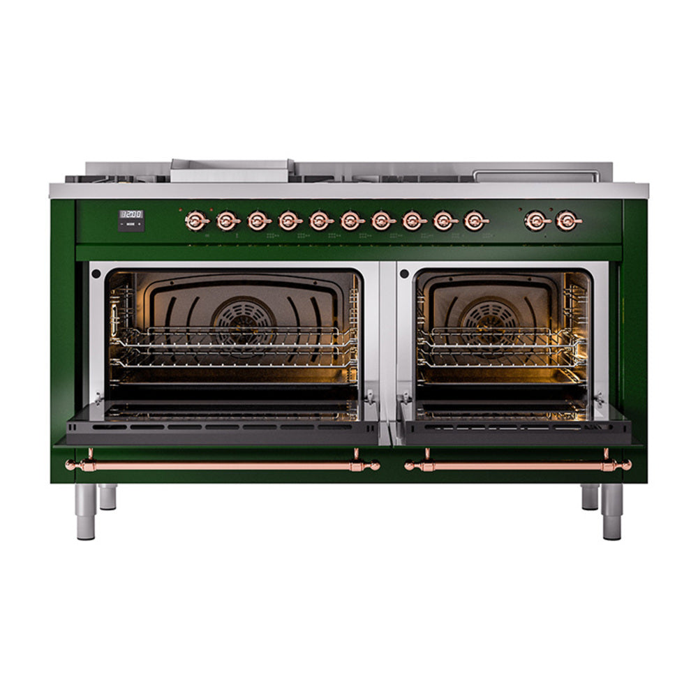 ILVE Nostalgie II 60-Inch Natural Gas Dual Fuel Range, 7 Burners, Griddle, French Top, Solid Door, Emerald Green with Copper Trim (UP60FSQNMPEGP)