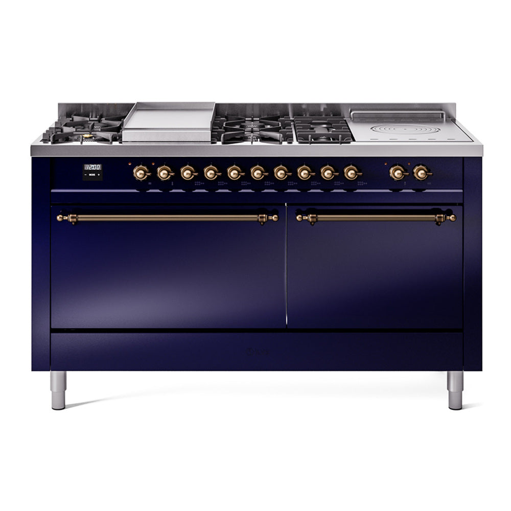 ILVE Nostalgie II 60-Inch LP Dual Fuel Range, 7 Burners, Griddle, French Top, Solid Door, Midnight Blue with Burnished Bronze Trim (UP60FSQNMPMBBLP)