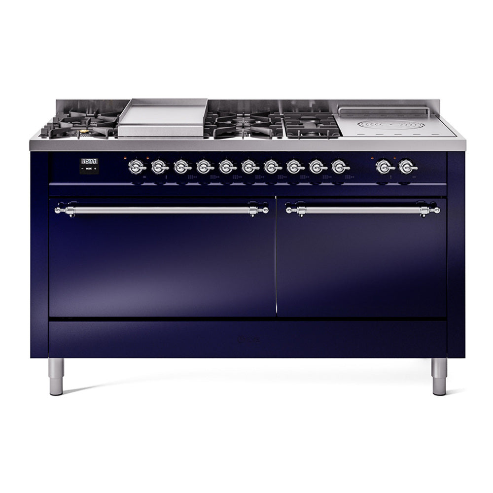 ILVE Nostalgie II 60-Inch Propane Dual Fuel Range, 7 Burners, Griddle, French Top, Solid Door, Midnight Blue with Chrome Trim (UP60FSQNMPMBCLP)