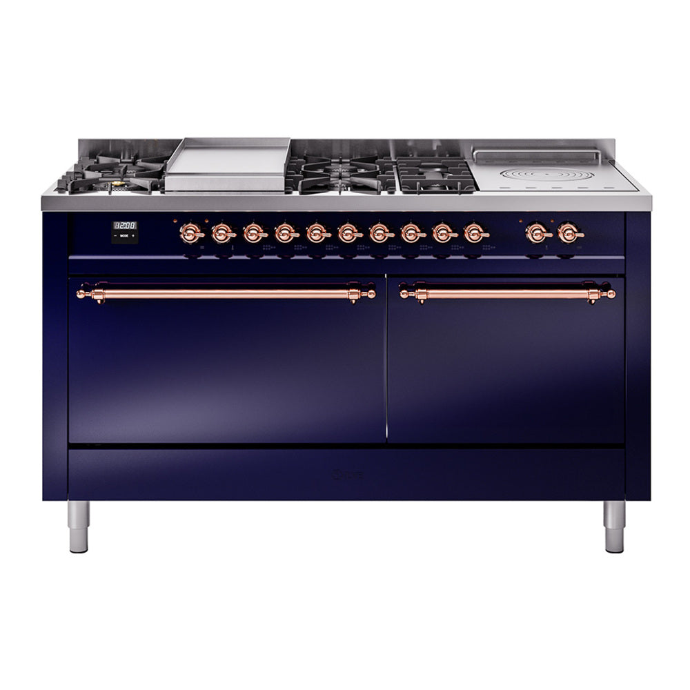 ILVE Nostalgie II 60-Inch Natural Gas Dual Fuel Range, 7 Burners, Griddle, French Top, Solid Door, Midnight Blue with Copper Trim (UP60FSQNMPMBP)