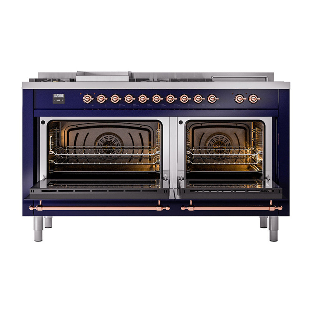 ILVE Nostalgie II 60-Inch Natural Gas Dual Fuel Range, 7 Burners, Griddle, French Top, Solid Door, Midnight Blue with Copper Trim (UP60FSQNMPMBP)