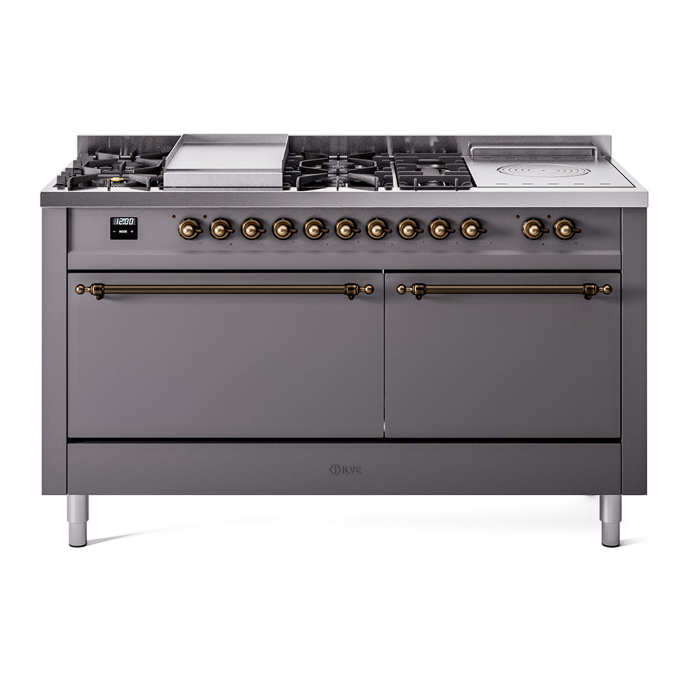 ILVE Nostalgie II 60-Inch NG Dual Fuel Range, 7 Burners, Griddle, French Top, Solid Door, Matte Graphite with Burnished Bronze Trim (UP60FSQNMPMGB)