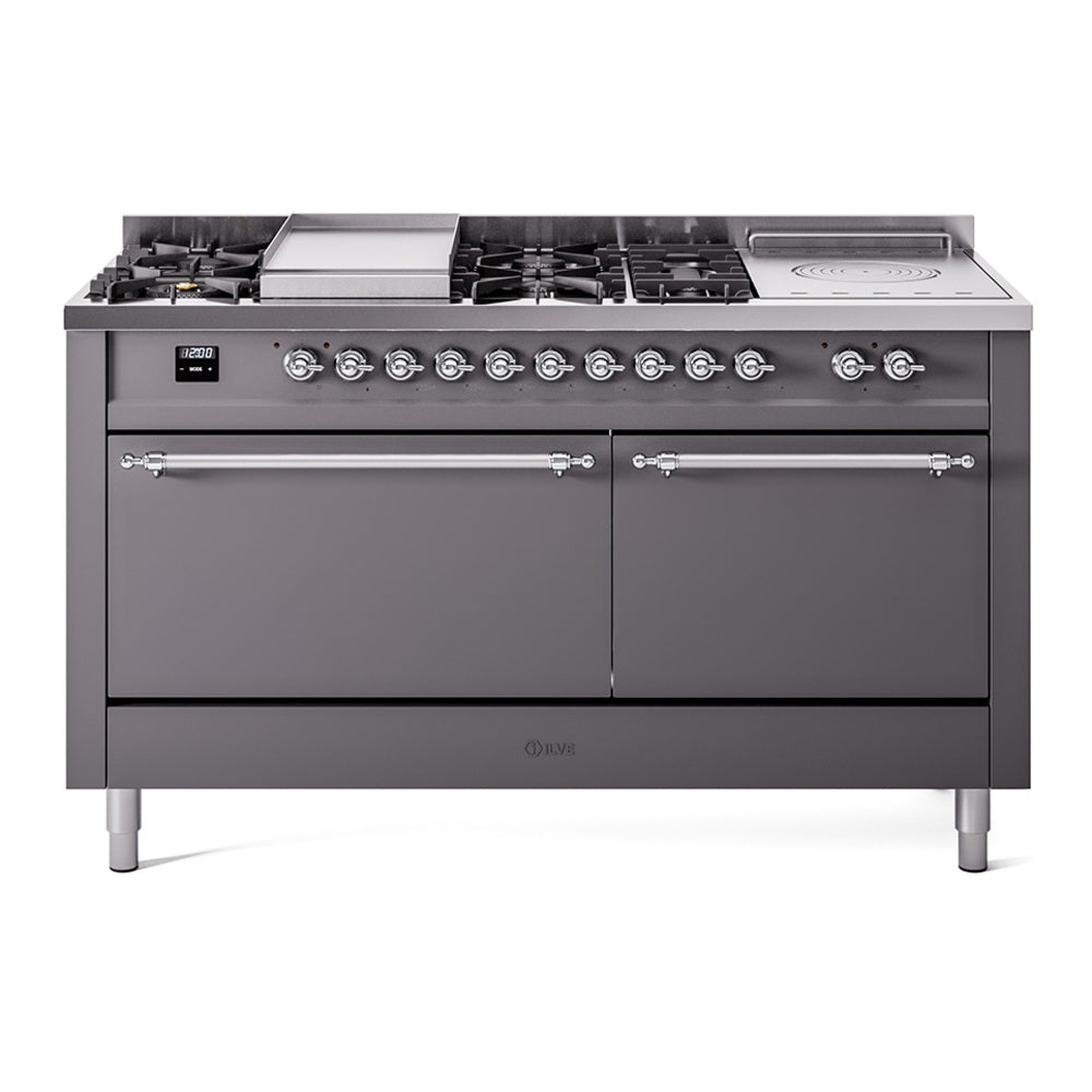 ILVE Nostalgie II 60-Inch Natural Gas Dual Fuel Range, 7 Burners, Griddle, French Top, Solid Door, Matte Graphite with Chrome Trim (UP60FSQNMPMGC)