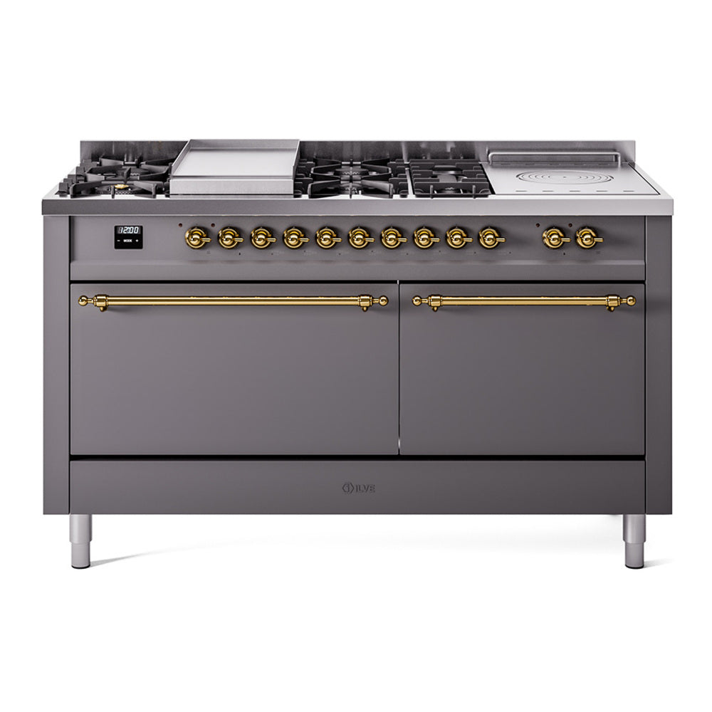 ILVE Nostalgie II 60-Inch Propane Dual Fuel Range, 7 Burners, Griddle, French Top, Solid Door, Matte Graphite with Brass Trim (UP60FSQNMPMGGLP)