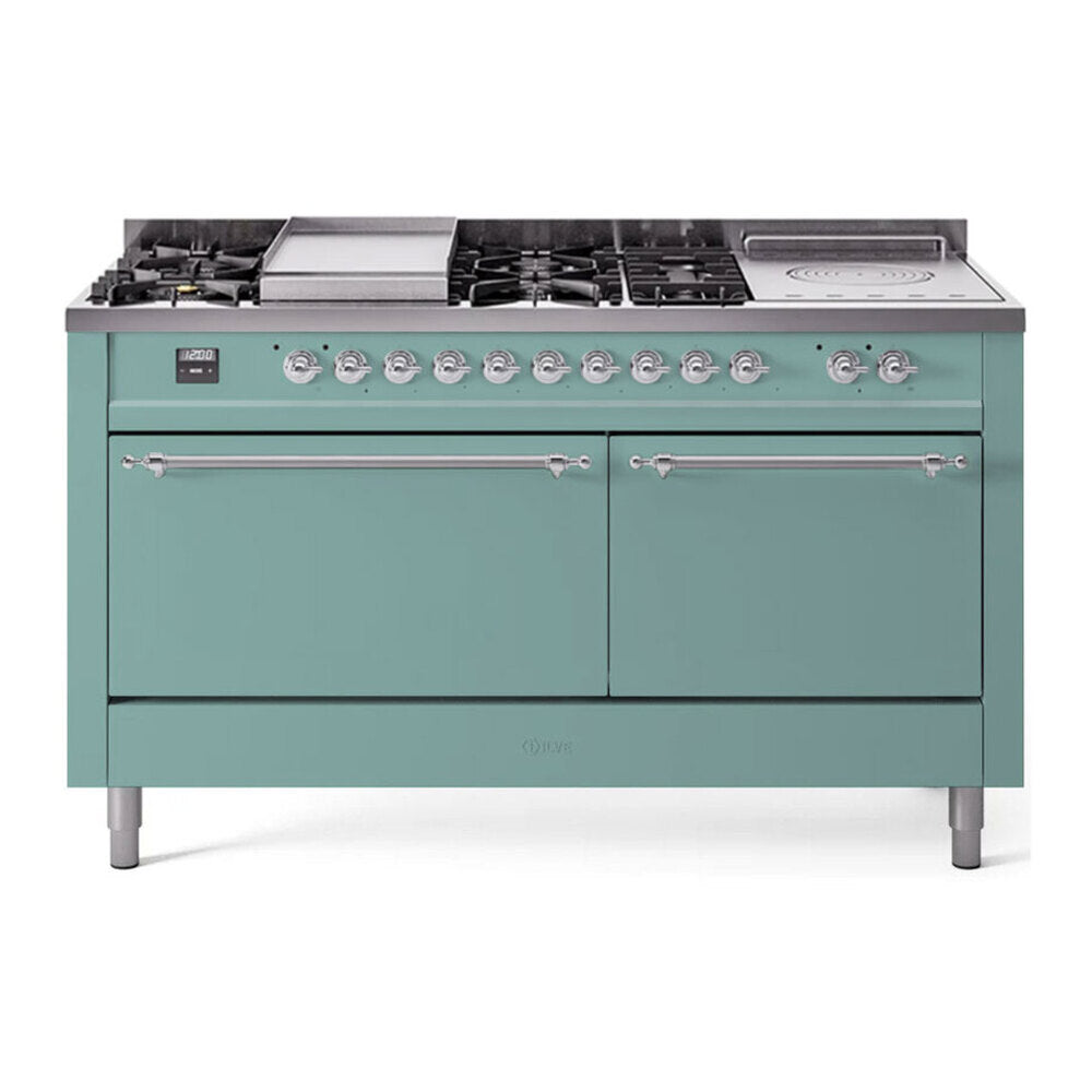 ILVE Nostalgie II 60-Inch Natural Gas Dual Fuel Range, 7 Burners, Griddle, French Top, Solid Door, Mediterranean Mint with Chrome Trim (UP60FSQNMPMMC)