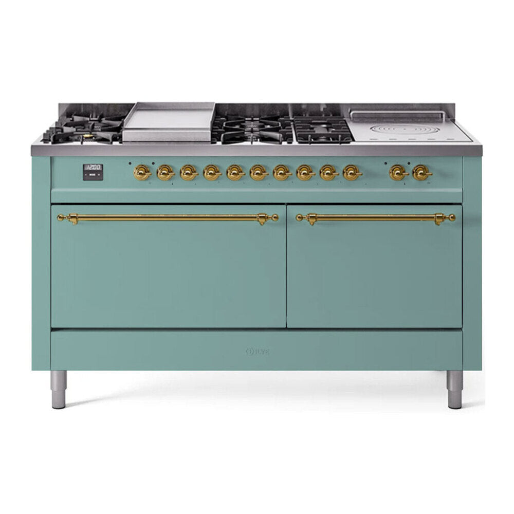 ILVE Nostalgie II 60-Inch Propane Dual Fuel Range, 7 Burners, Griddle, French Top, Solid Door, Mediterranean Mint with Brass Trim (UP60FSQNMPMMGLP)