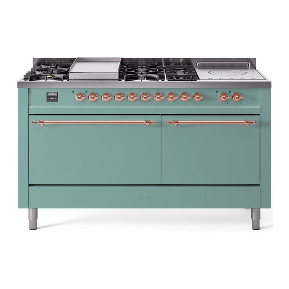ILVE Nostalgie II 60-Inch Natural Gas Dual Fuel Range, 7 Burners, Griddle, French Top, Solid Door, Mediterranean Mint with Copper Trim (UP60FSQNMPMMP)