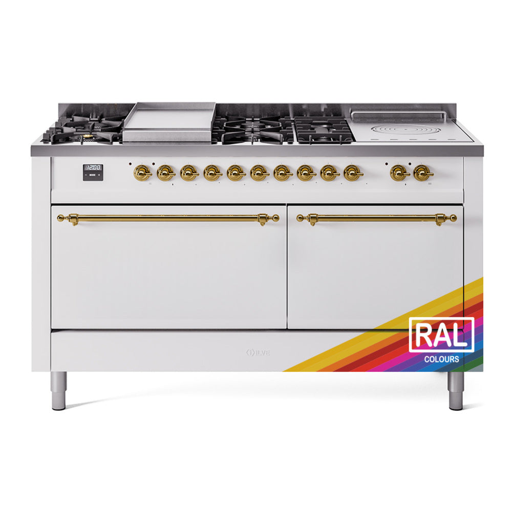 ILVE Nostalgie II 60-Inch Natural Gas Dual Fuel Range, 7 Burners, Griddle, French Top, Solid Door, RAL with Brass Trim (UP60FSQNMPRAG)