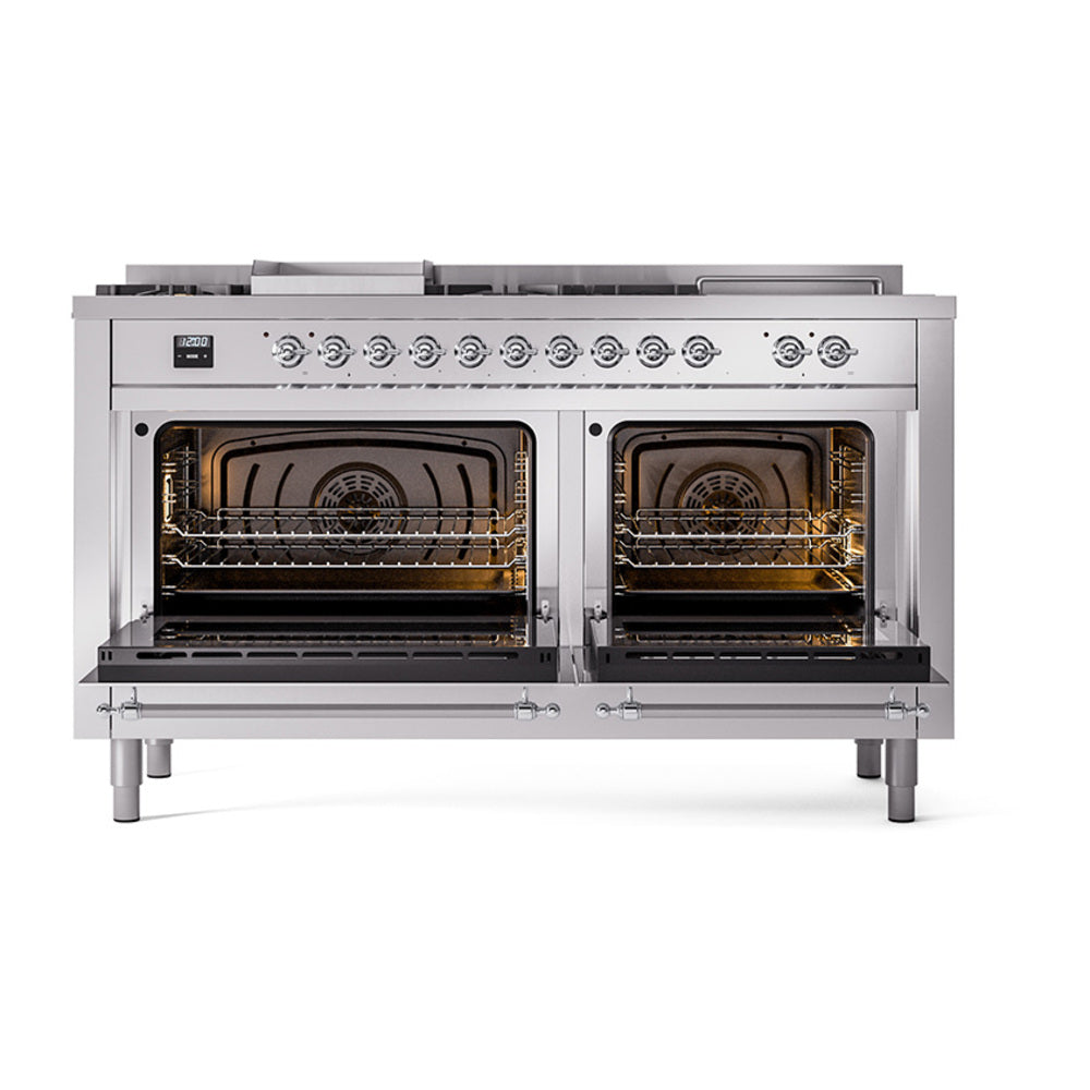 ILVE Nostalgie II 60-Inch Propane Dual Fuel Range, 7 Burners, Griddle, French Top, Solid Door, Stainless Steel with Chrome Trim (UP60FSQNMPSSCLP)