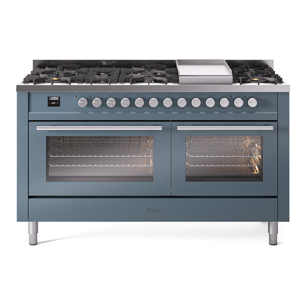 ILVE Professional Plus II 60-Inch Natural Gas Dual Fuel Range, 9 Burners, Griddle, Triple Glass Door Oven, Blue Grey (UP60FWMPBG)