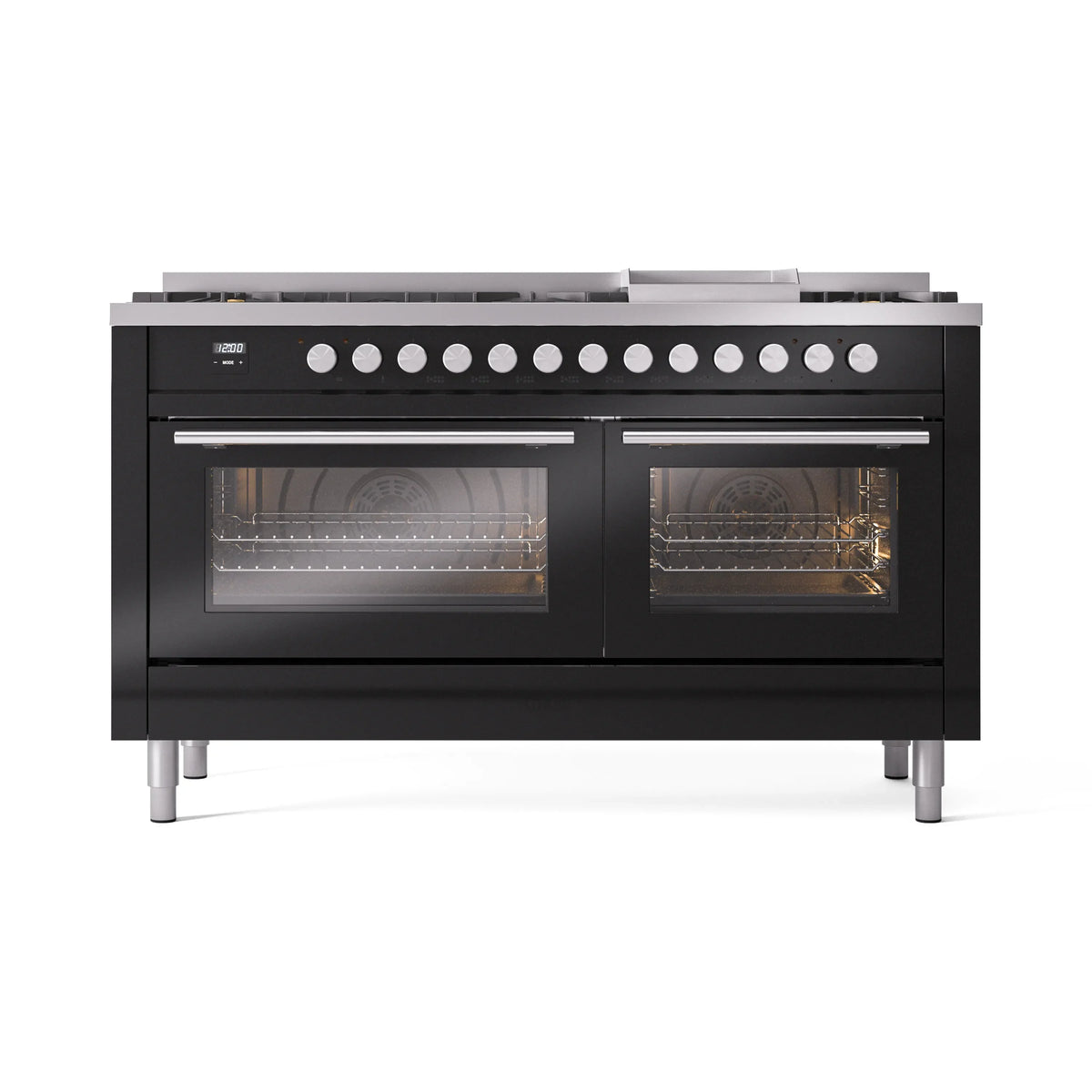 ILVE Professional Plus II 60-Inch Propane Dual Fuel Range, 9 Burners, Griddle, Triple Glass Door Oven, Glossy Black (UP60FWMPBKLP)