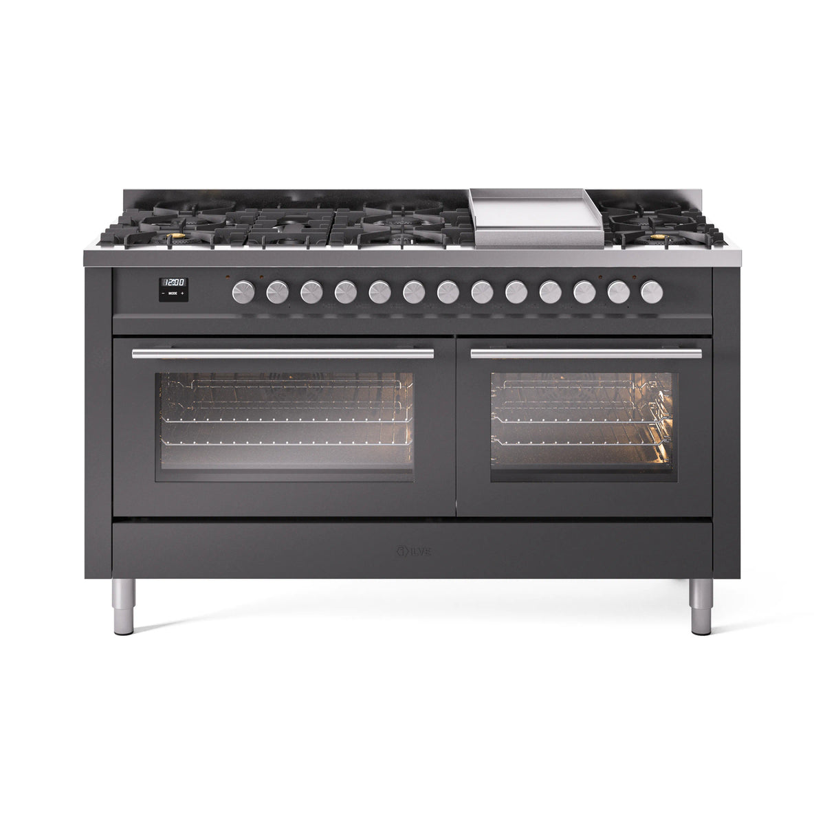 ILVE Professional Plus II 60-Inch Propane Dual Fuel Range, 9 Burners, Griddle, Triple Glass Door Oven, Matte Graphite (UP60FWMPMGLP)