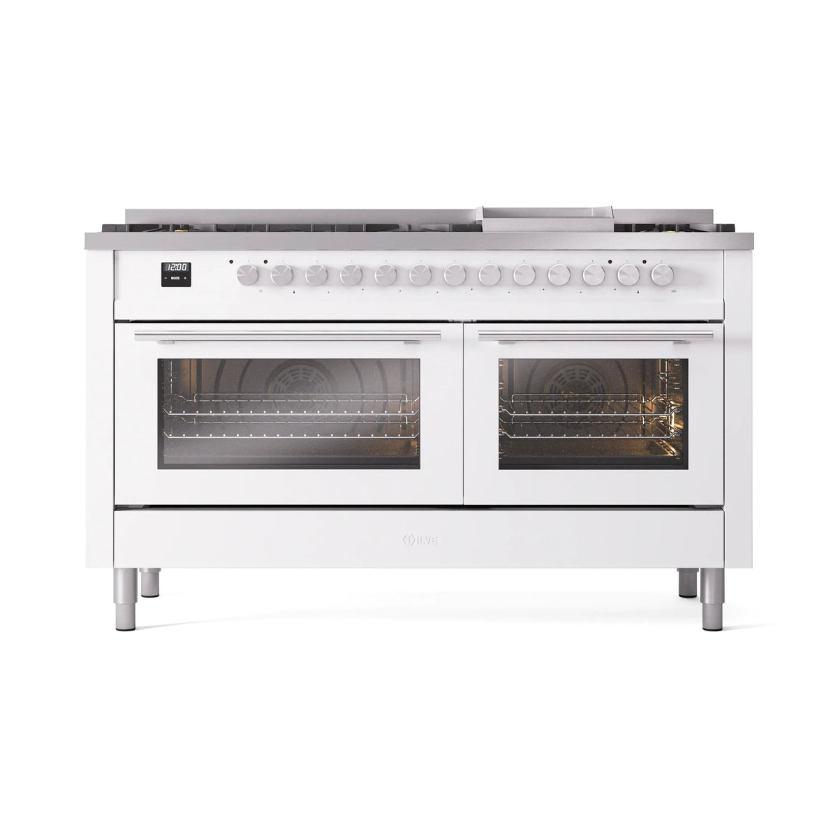 ILVE Professional Plus II 60-Inch Propane Dual Fuel Range, 9 Burners, Griddle, Triple Glass Door Oven, White (UP60FWMPWHLP)