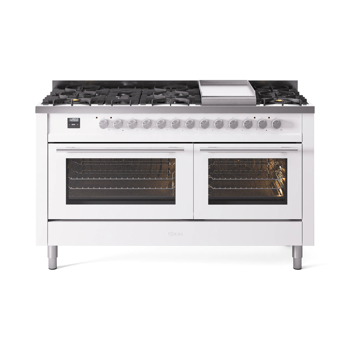 ILVE Professional Plus II 60-Inch Propane Dual Fuel Range, 9 Burners, Griddle, Triple Glass Door Oven, White (UP60FWMPWHLP)