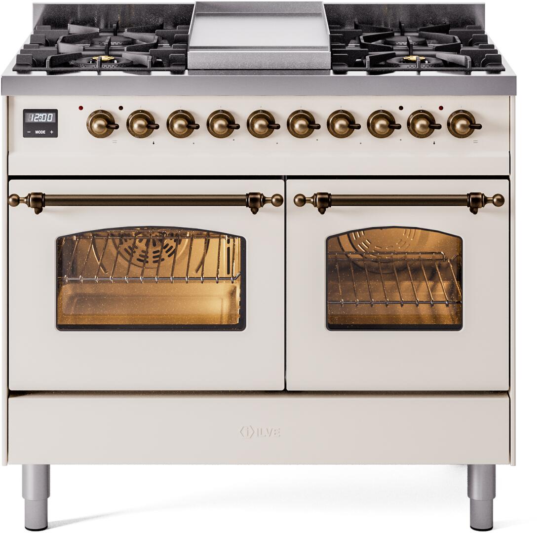 ILVE Nostalgie II 40-Inch Freestanding Dual Fuel Range, Antique White with Burnished Bronze Trim (UPD40FNMPAWBLP)