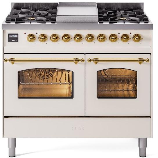 ILVE Nostalgie II 40-Inch Freestanding Natural Gas Dual Fuel Range, Antique White with Brass Trim (UPD40FNMPAWG)