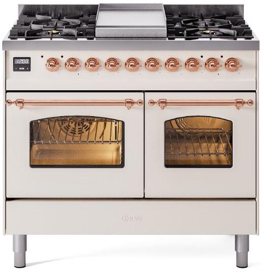 ILVE Nostalgie II 40-Inch Freestanding Natural Gas Dual Fuel Range, Antique White with Copper Trim (UPD40FNMPAWP)