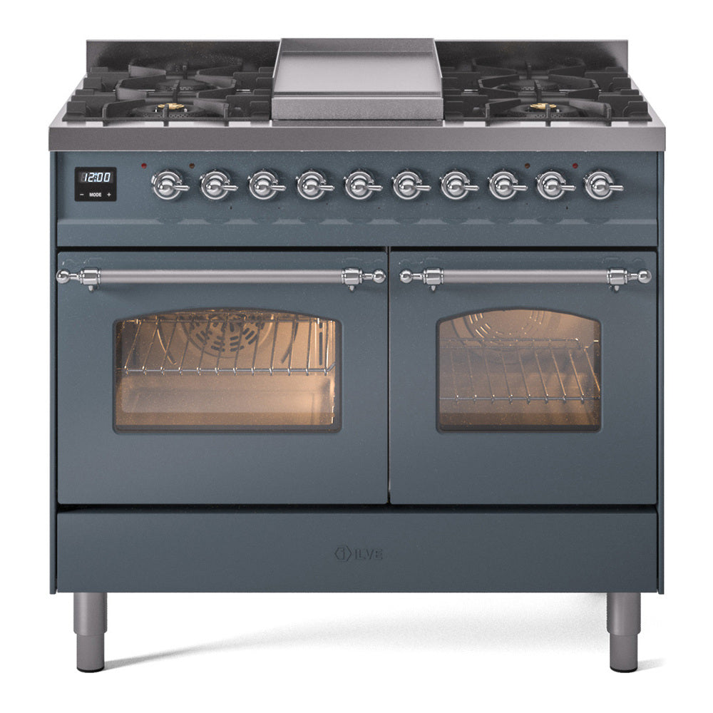 ILVE Nostalgie II 40-Inch Freestanding Dual Fuel Range, Blue Grey with Chrome Trim (UPD40FNMPBGCLP)