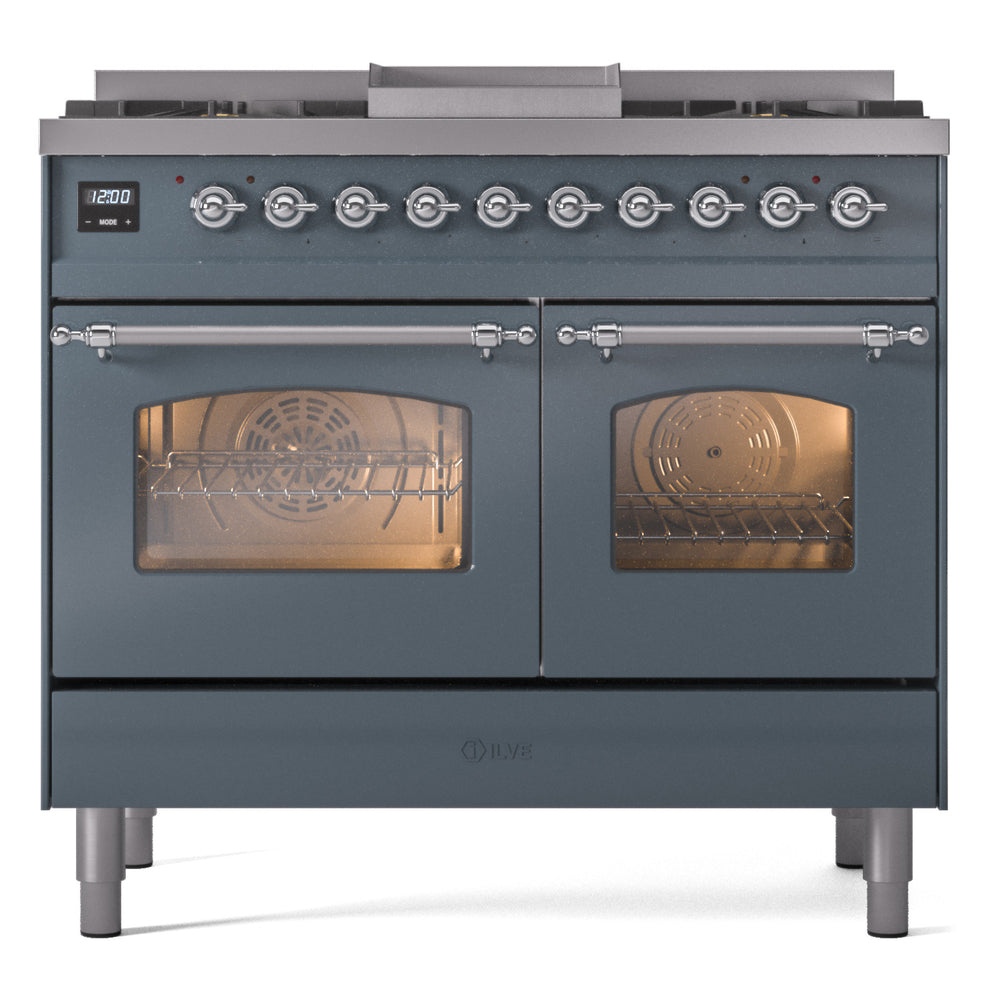 ILVE Nostalgie II 40-Inch Freestanding Dual Fuel Range, Blue Grey with Chrome Trim (UPD40FNMPBGCLP)