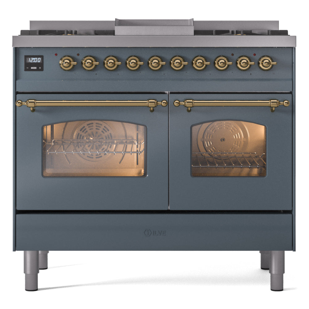 ILVE Nostalgie II 40-Inch Freestanding Dual Fuel Range, Blue Grey with Brass Trim (UPD40FNMPBGGLP)