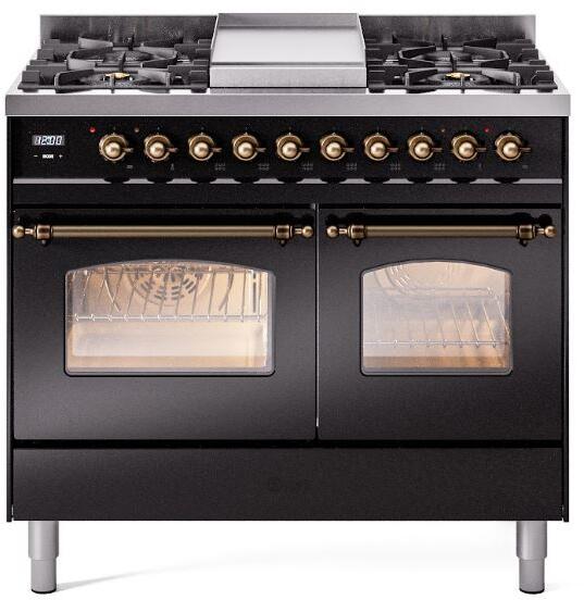 ILVE Nostalgie II 40-Inch Freestanding Natural Gas Dual Fuel Range, Glossy Black with Burnished Bronze Trim (UPD40FNMPBKB)