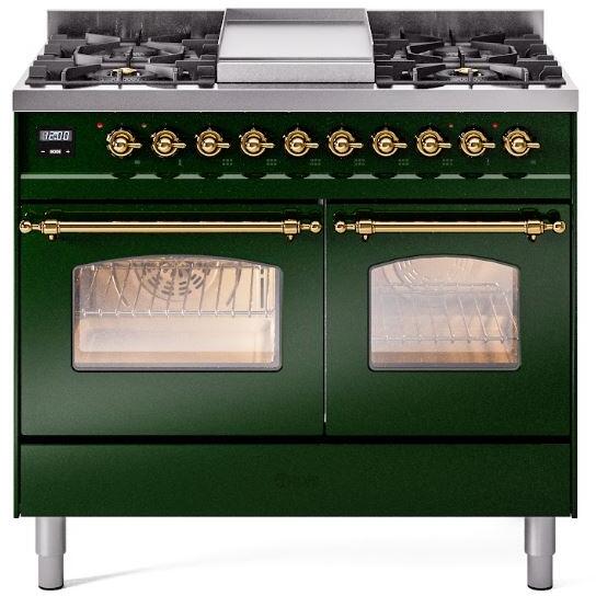 ILVE Nostalgie II 40-Inch Freestanding Dual Fuel Range, Emerald Green with Brass Trim (UPD40FNMPEGGLP)